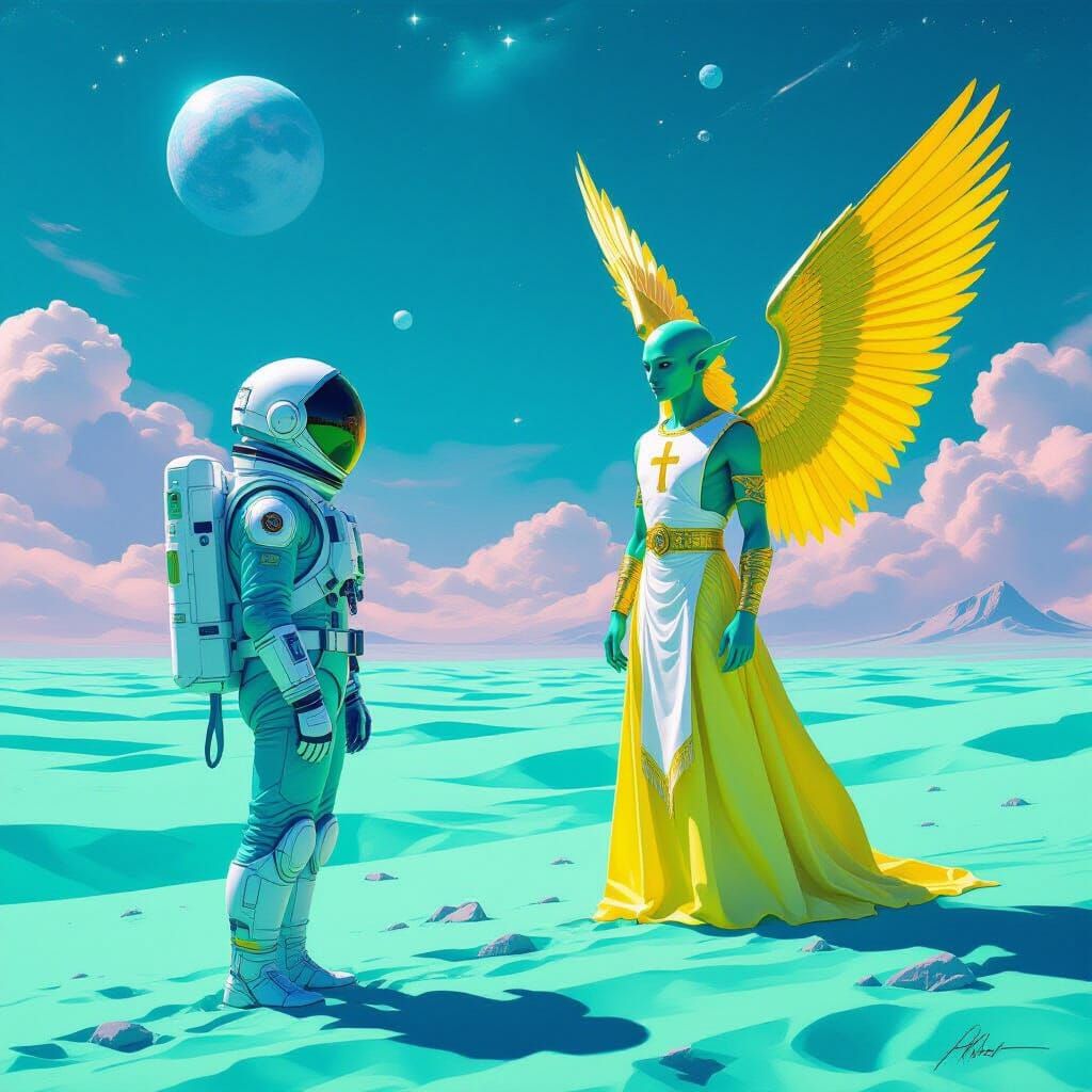 Astronaut Explores Alien World with Teal Sand and Lavender S...