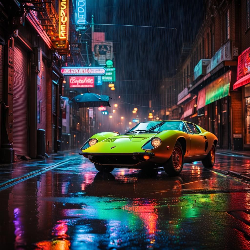 Steampunk Lamborghini Miura in Neon City Rain