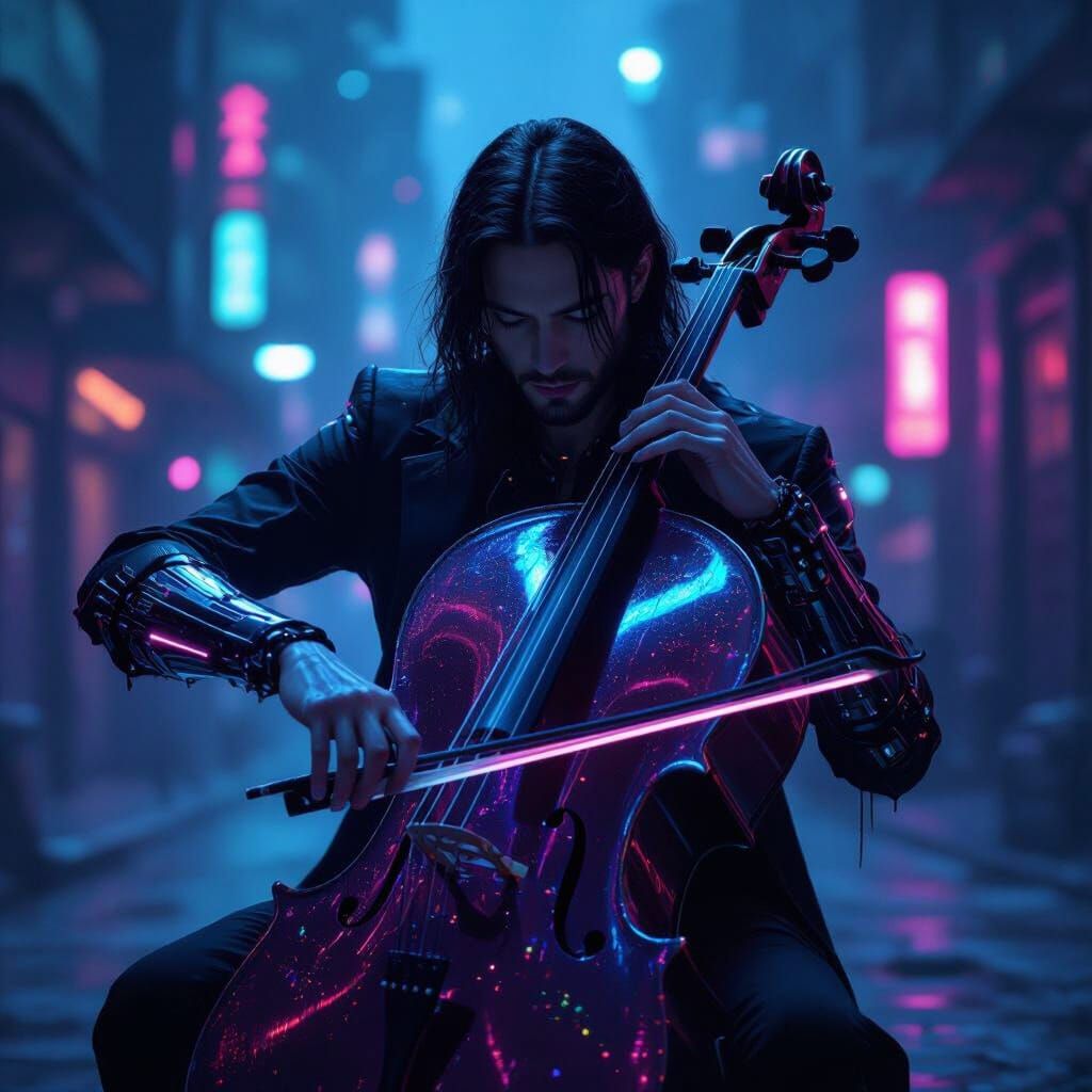 Cybernetic Musician Plays Holographic Cello in Futuristic Ci...