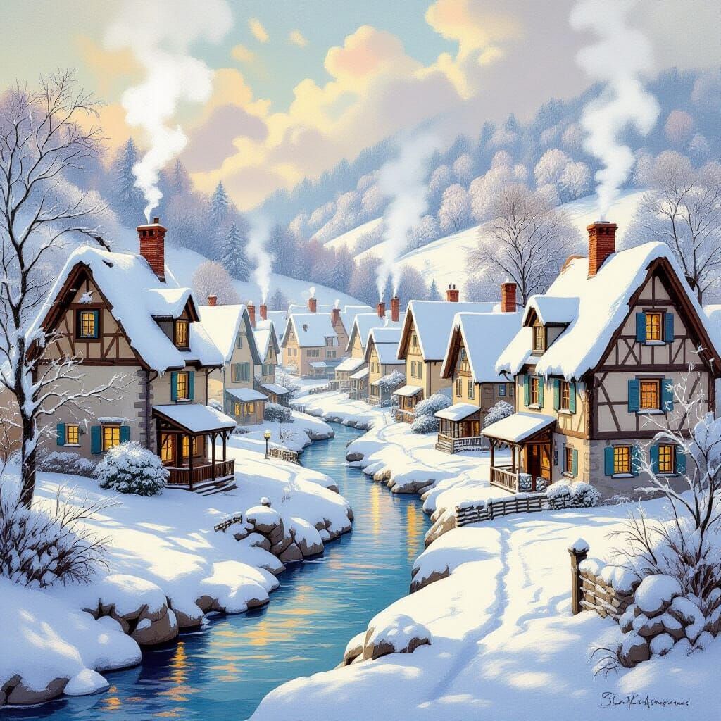 Snowy Village in Valley as Impressionist Painting
