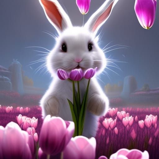 Fluffy Bunny Smelling a Tulip: Detailed Digital Art