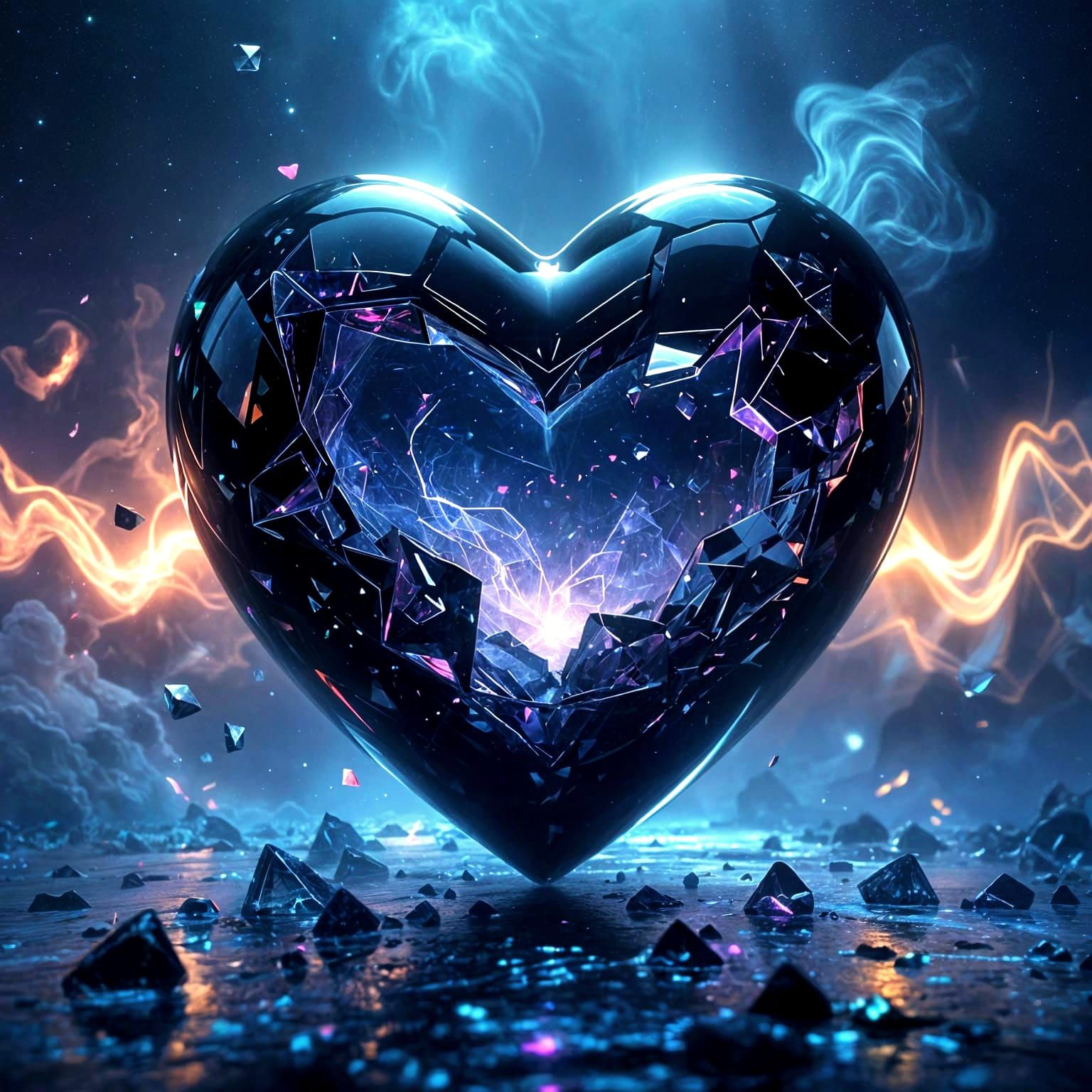 Giant Glass Heart in Cosmic Space with Neon Glow