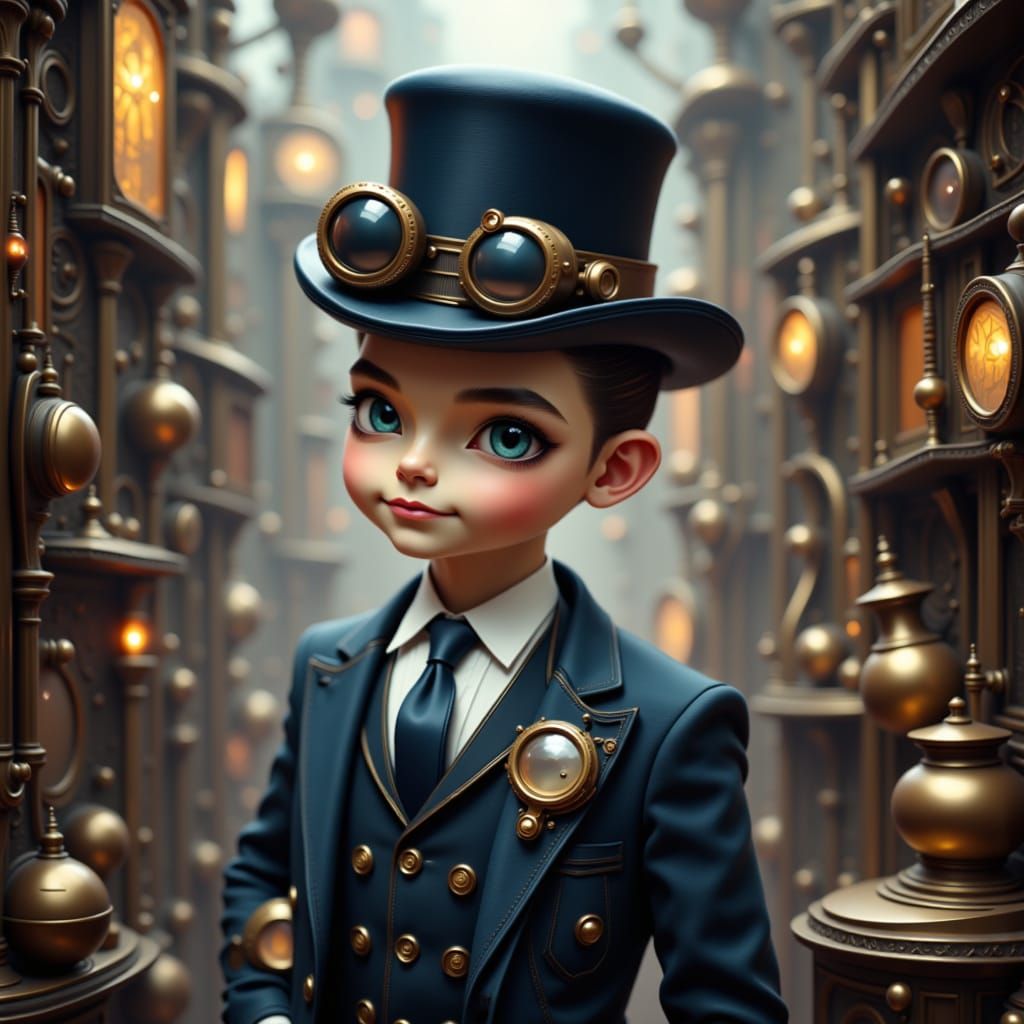 Steampunk Man with Navy Eyes in Industrial Cityscape