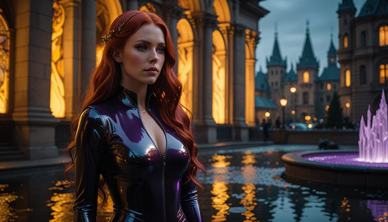 Stunning Red-Haired Woman in Sleek Black Latex Catsuit