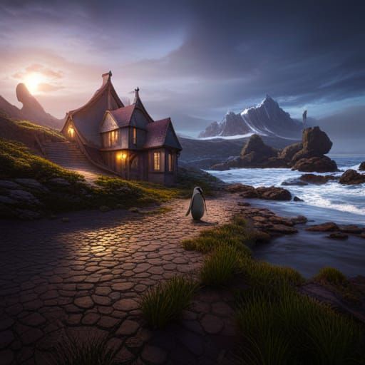 Detailed Penguin Matte Painting in Deep Color