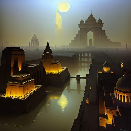 Dreamlike Babylonian Cityscape in Golden Light