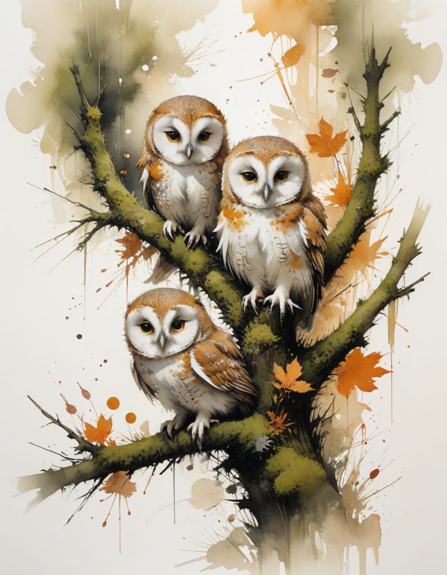 Owlets on Moss Branch in Watercolour
