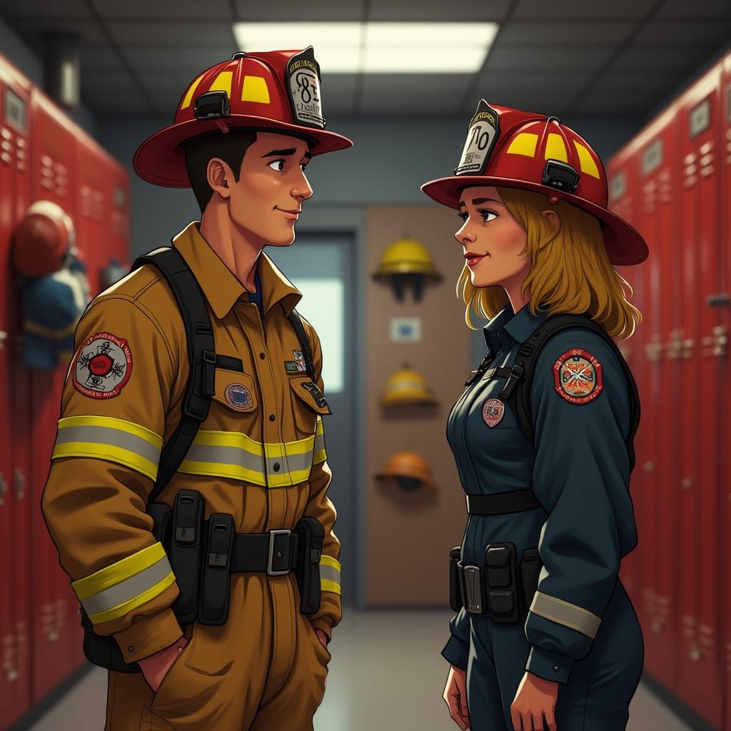 Firefighters Discuss Strategy in Fire Station, Cinematic Lig...