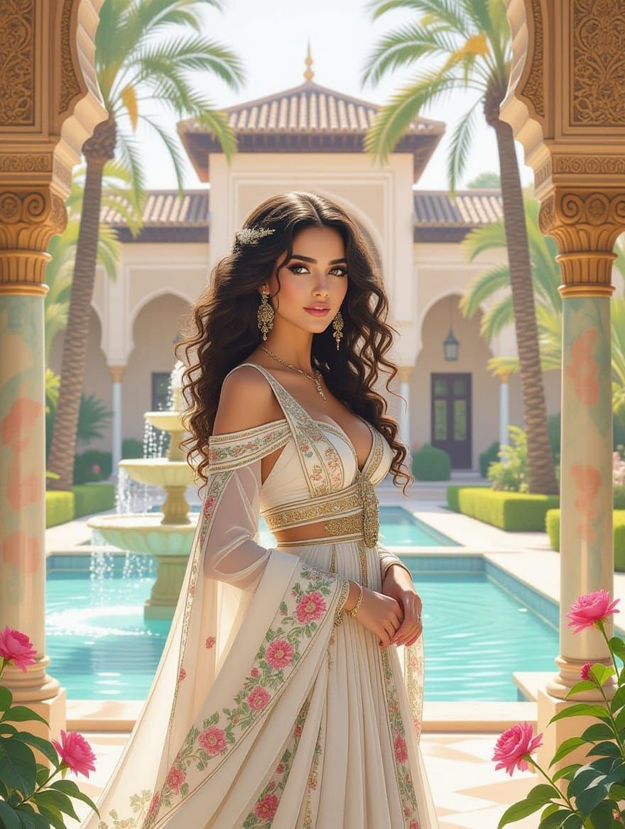 Romantic Middle Eastern Beauty in Whimsical Palace Garden