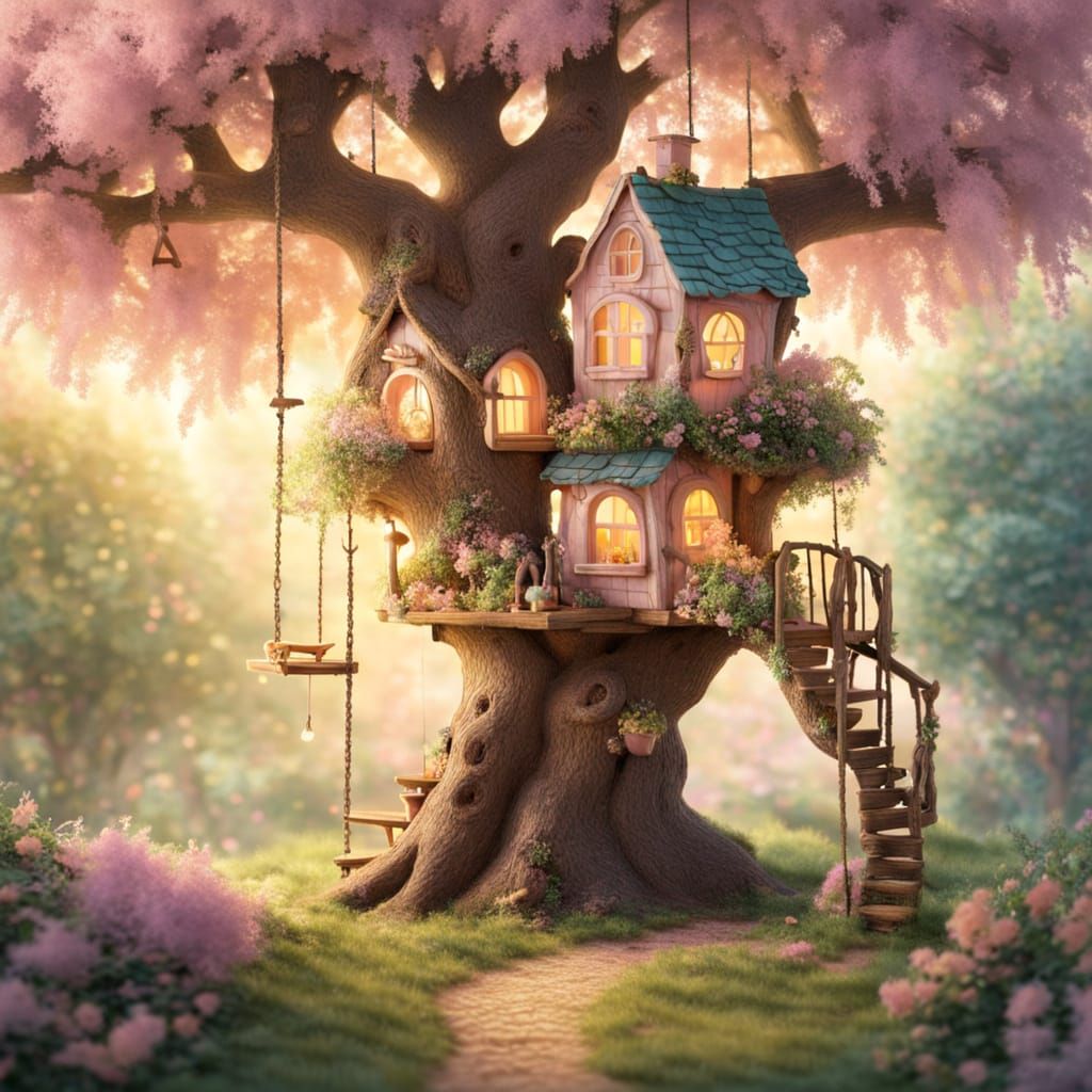 Whimsical Forest Treehouse in Impressionist Style