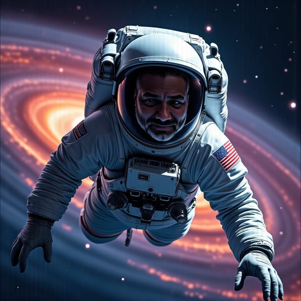 Astronaut Face in Space with Swirling Galaxies