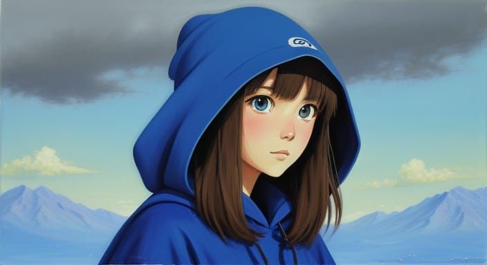 Cute Ghibli Girl in Blue Hood, Oil Painting