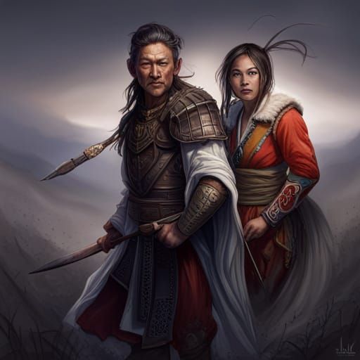 Mongolian Warrior and Girl Portrait, Trending Artstation Art