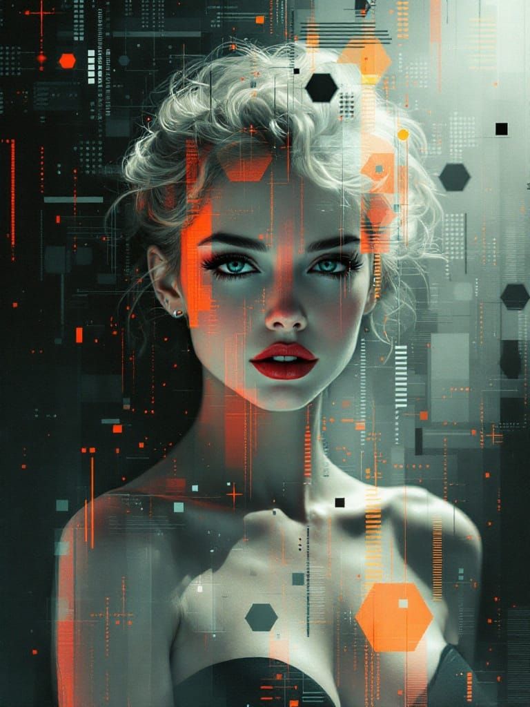 Glitch Photo of Pin-Up Woman with Fractal Overlay