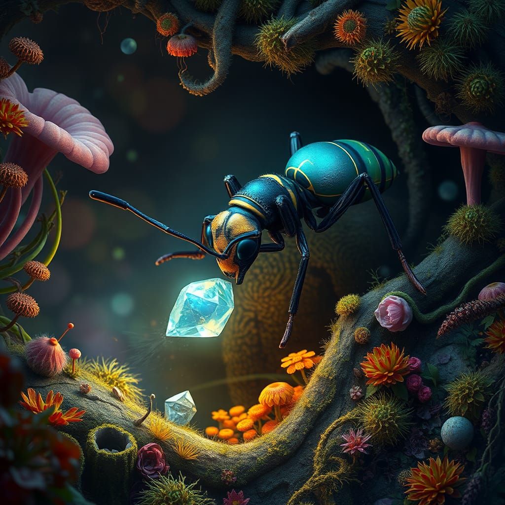 High-Fantasy Ant Dragging Crystalline Grain