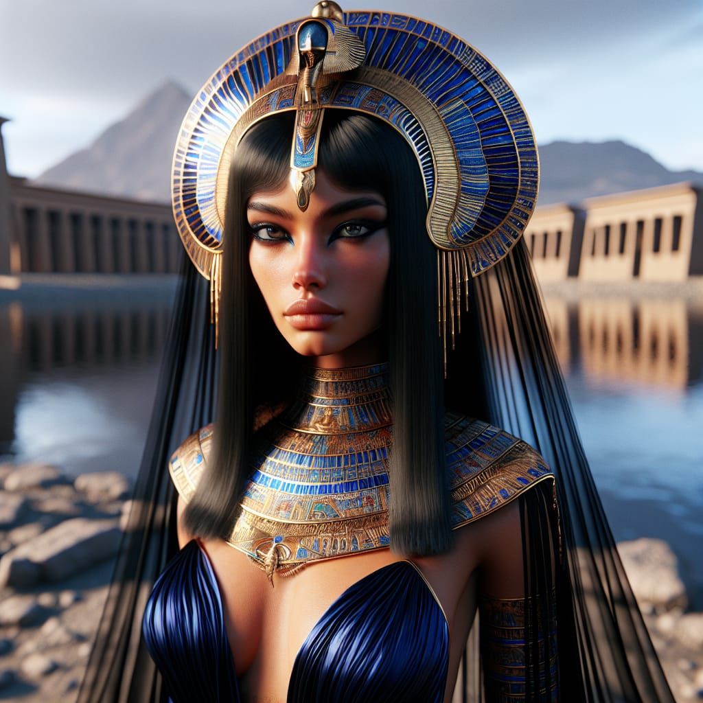Egyptian Goddess of the Nile in Vibrant Gold and Blue
