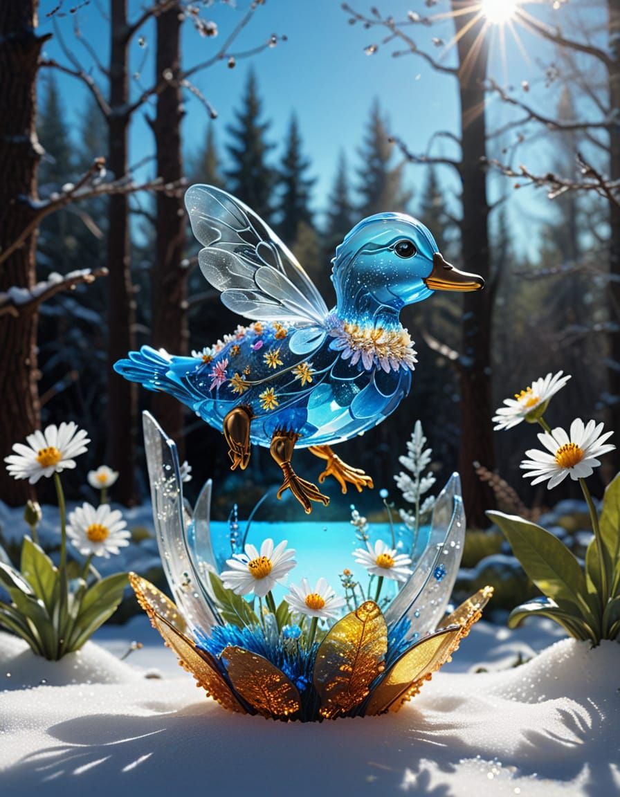 Cute Luminescent Crystal Duck in Snowy Fantasy Forest