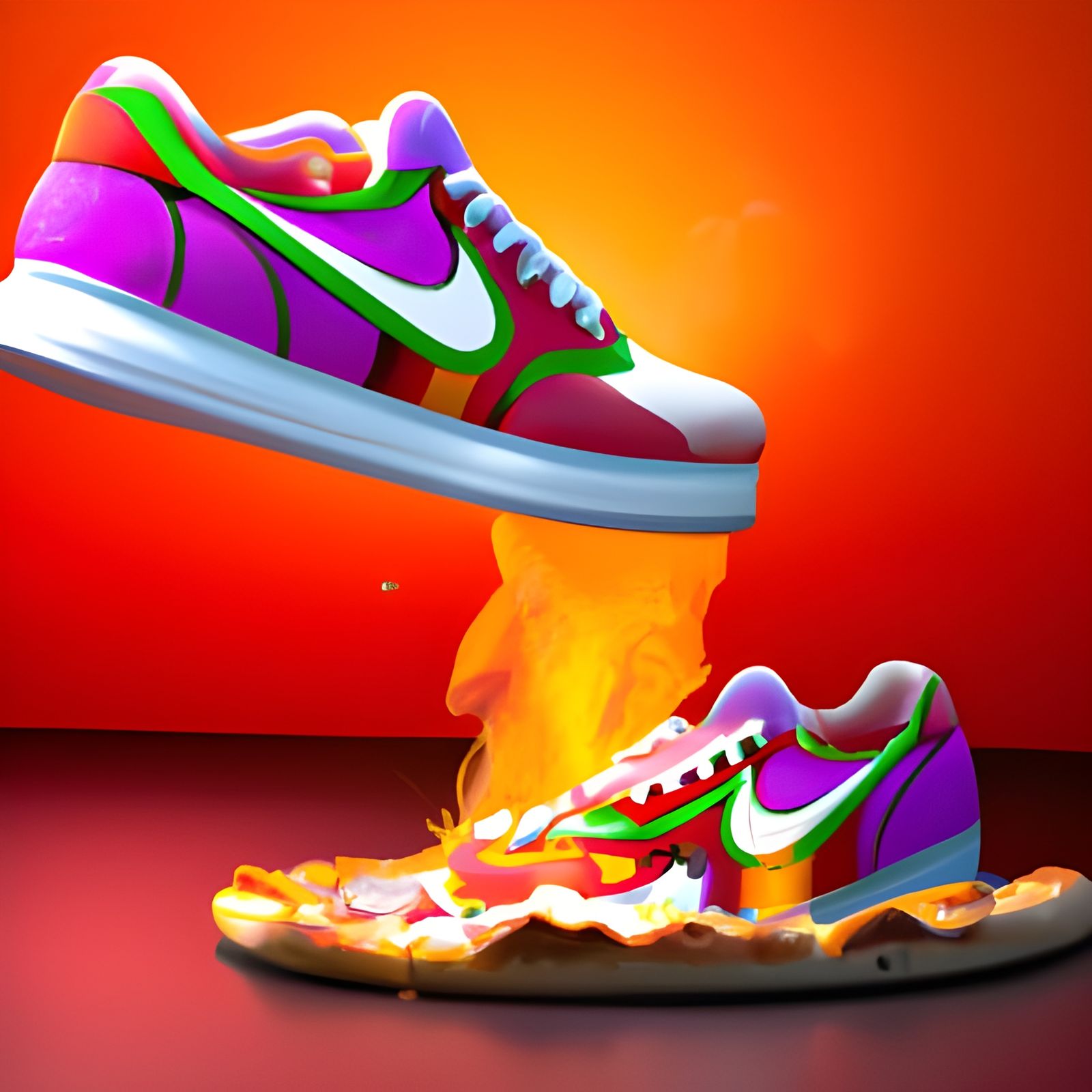 Evaporating Pizza Nike Sneakers: Pixar-style 3D Art