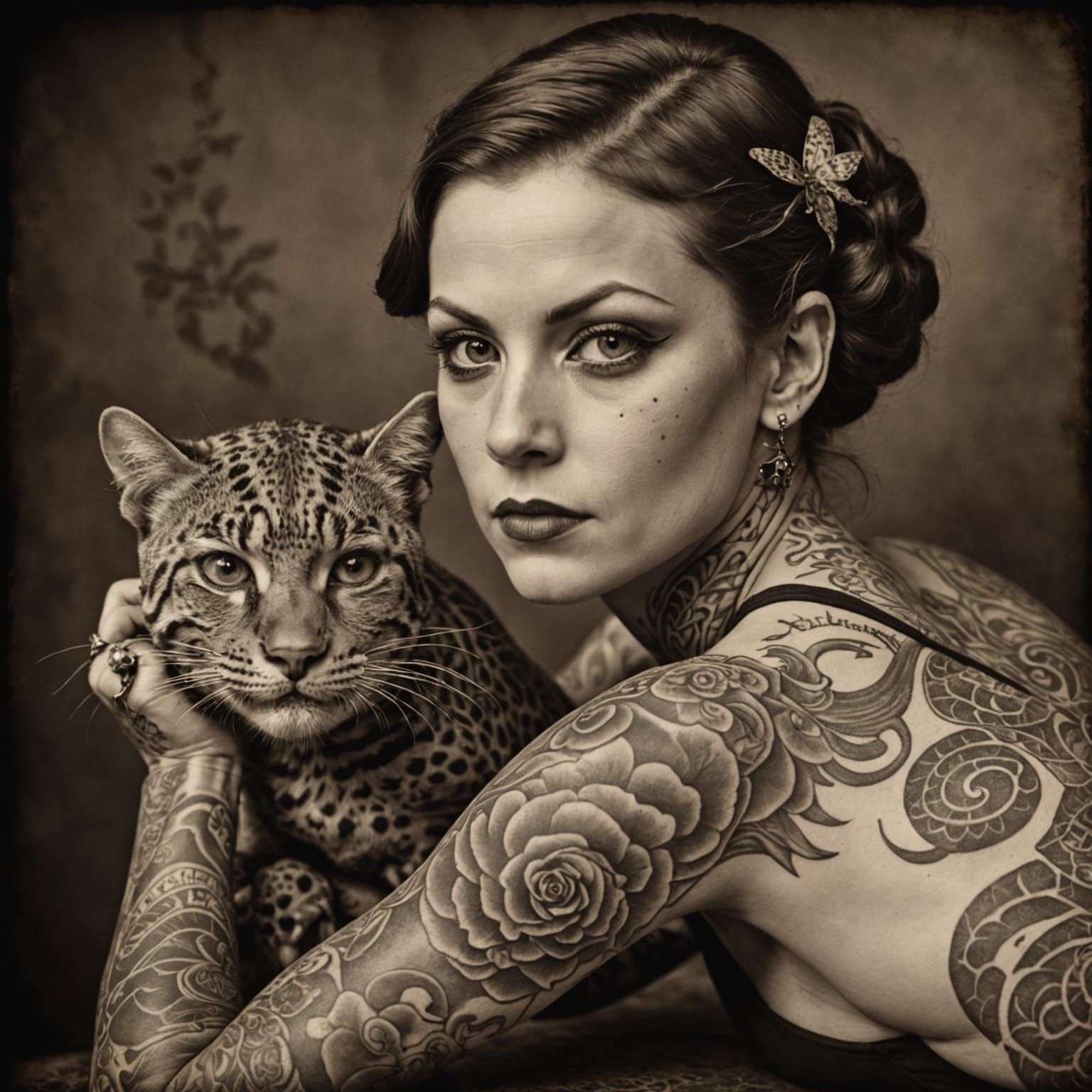 Vintage Sepia Photo of Tattooed Contortionist