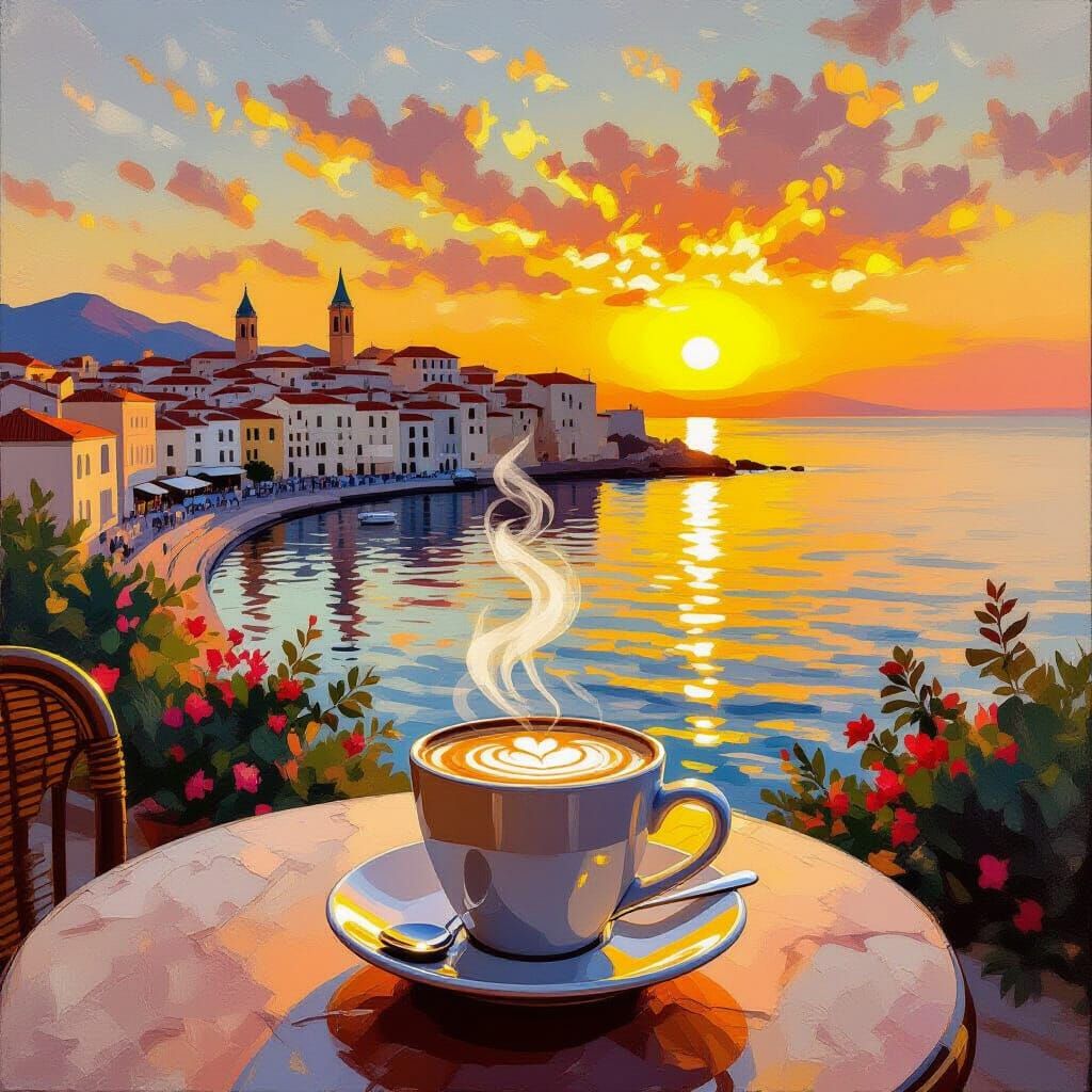 Cagliari Sunrise with Cappuccino, Impressionistic Style