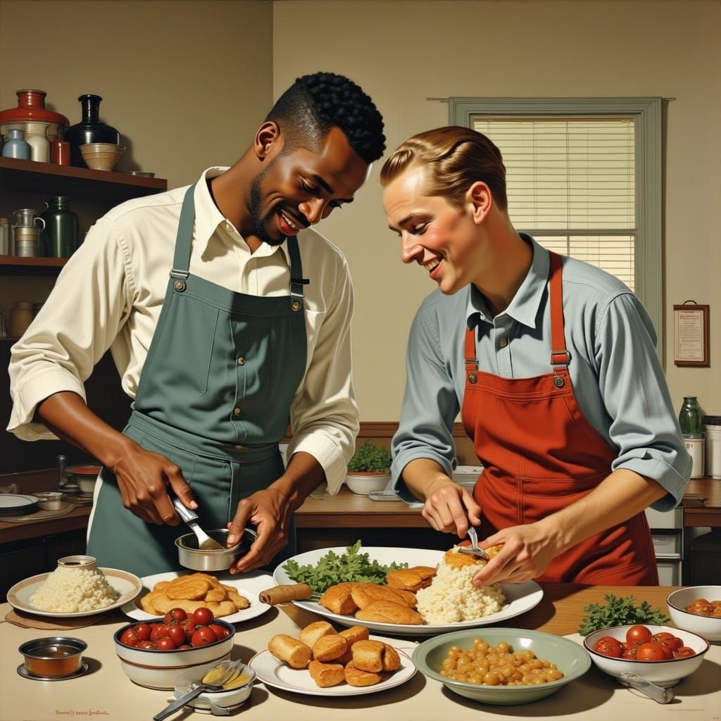 Homely Moment of Two Men Cooking Together in 1950s Casual St...