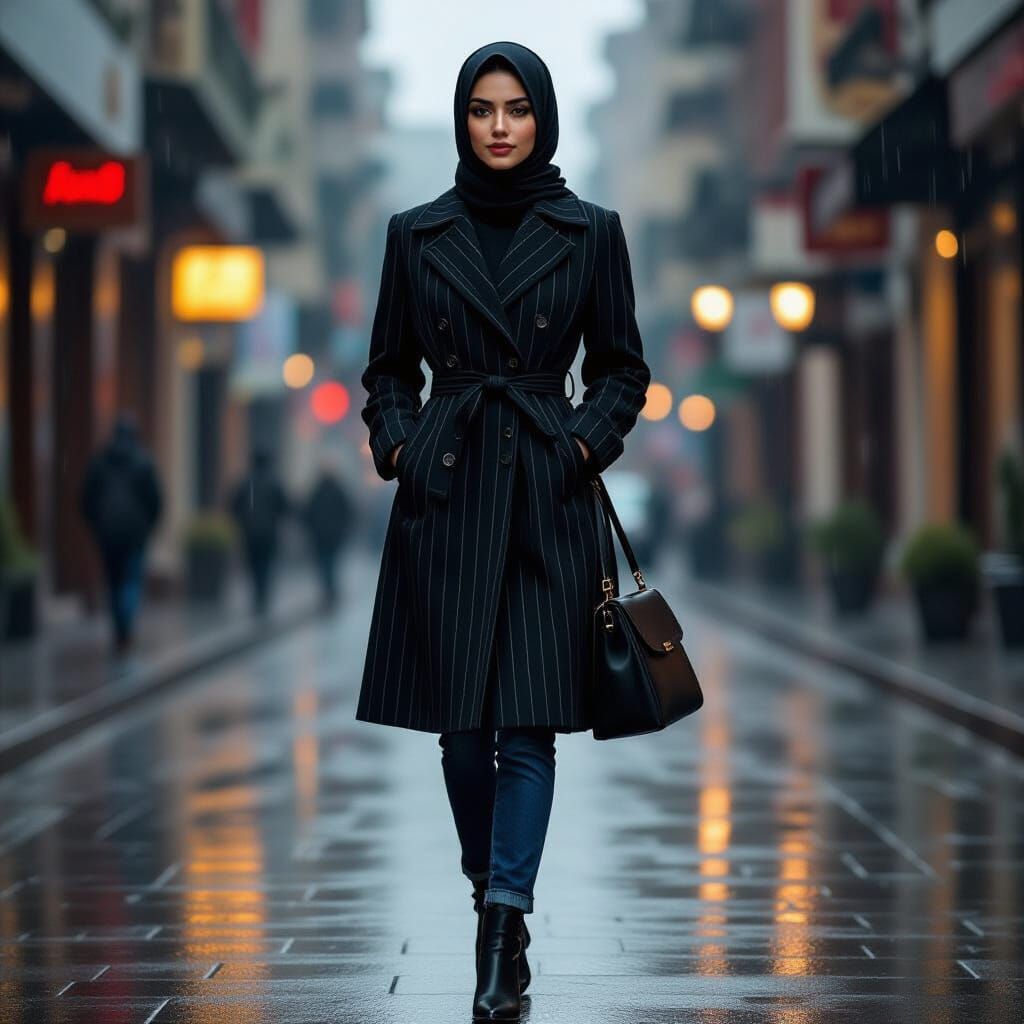 Elegant Woman in Striped Manteau on Rainy Street