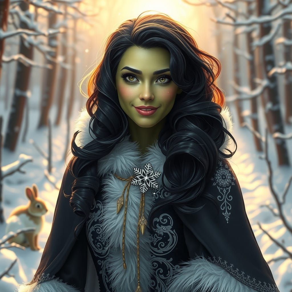 Majestic Green Goddess Strolls Winter Wonderland