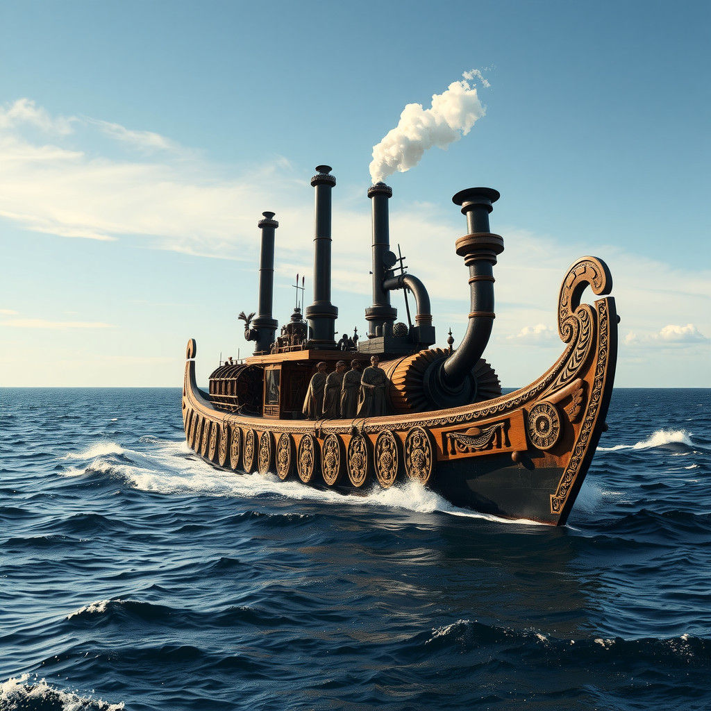 Steampunk Māori Waka Canoe on Open Ocean