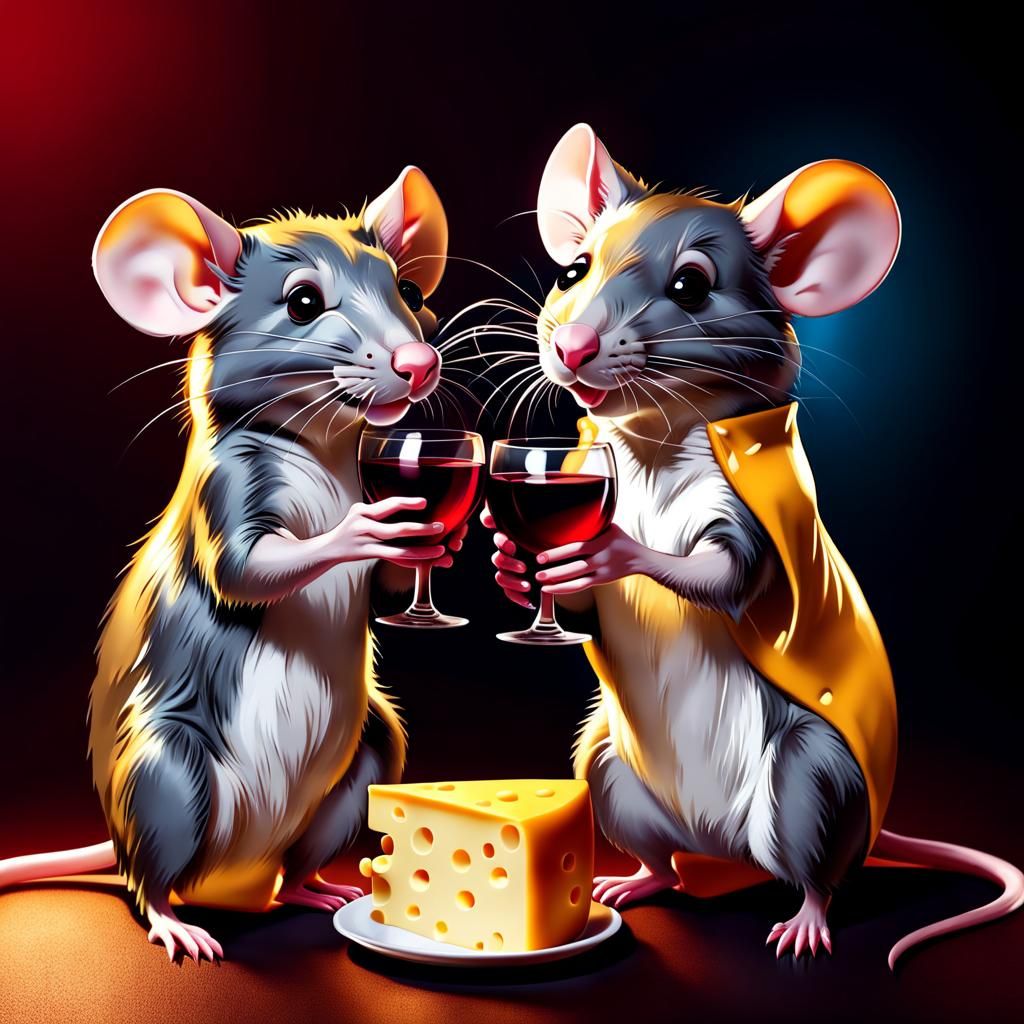 Two Adorable Rats Enjoying a Cheese Wine Glass