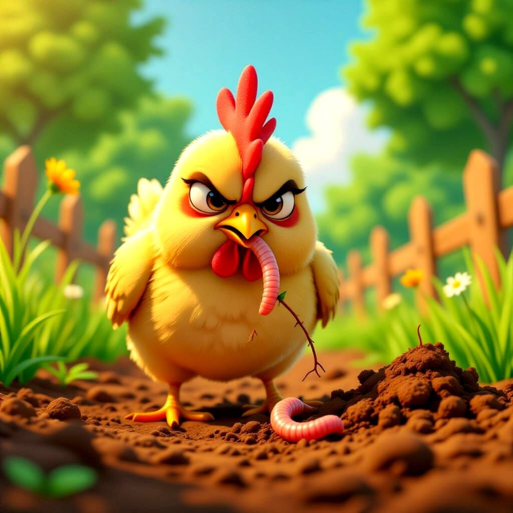 Grumpy Chicken and Worm in Pixar Style