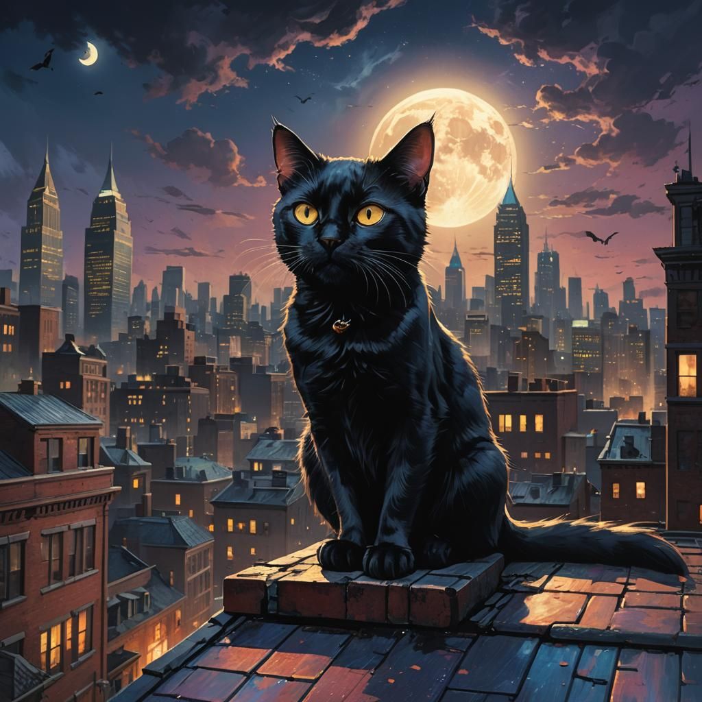 Gotham City Cat Under Full Moon: Hyperrealistic Art