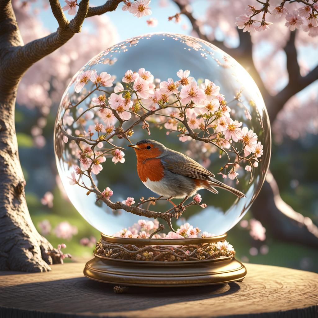 Robin in Crystal Ball with Golden Cherry Tree