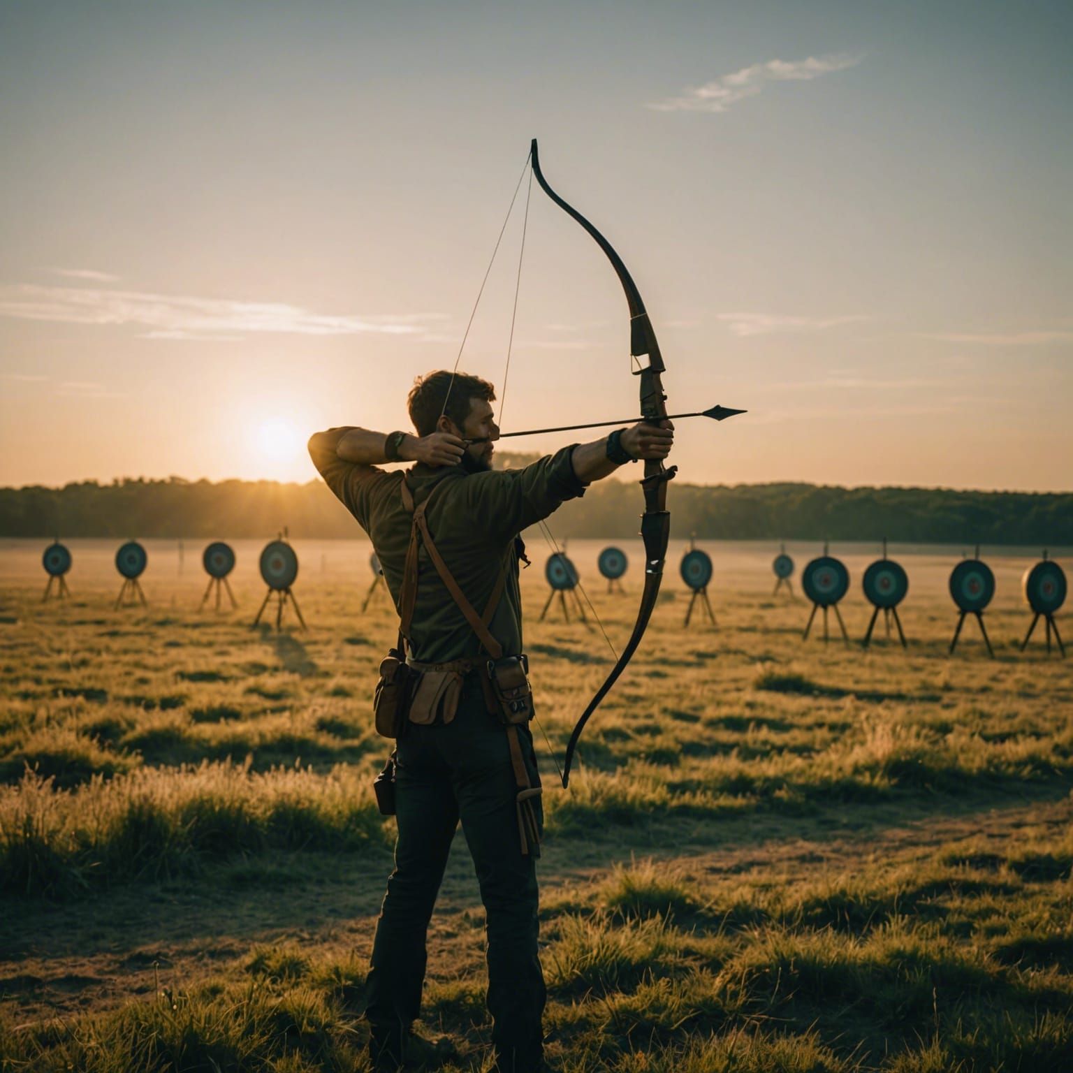 Archers Hit Targets at Sunset: Cinematic Film Still