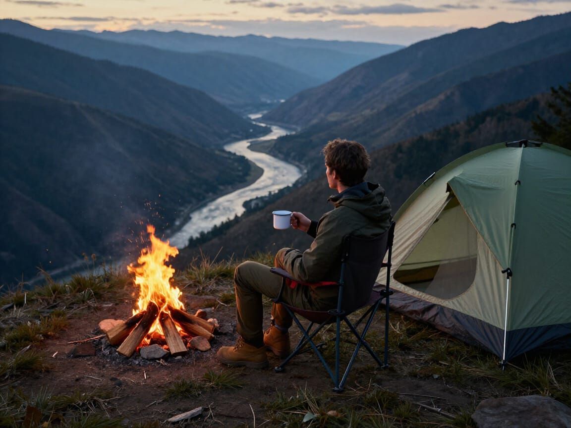 Mountain Ridge Campfire Scene With Coffee Cup and Tent