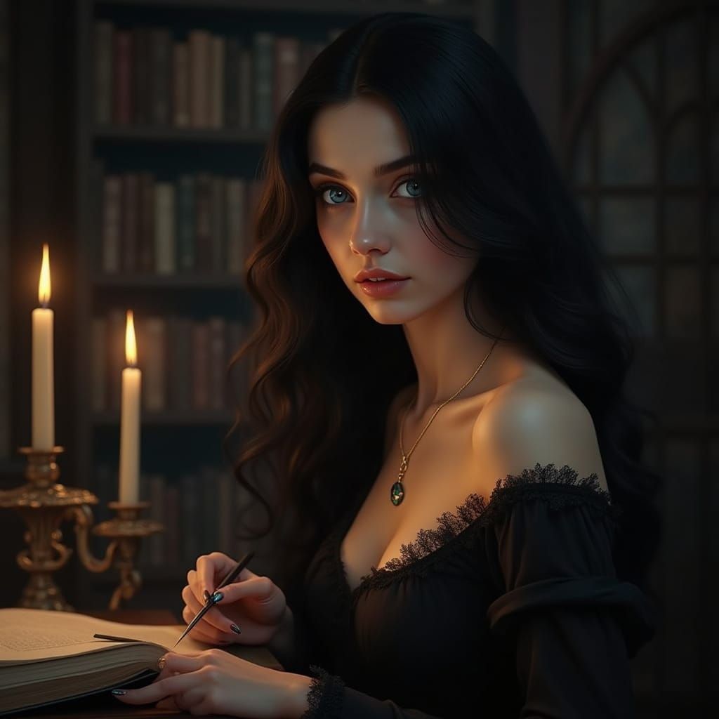 Magical Woman in Library, Classical Painting Style