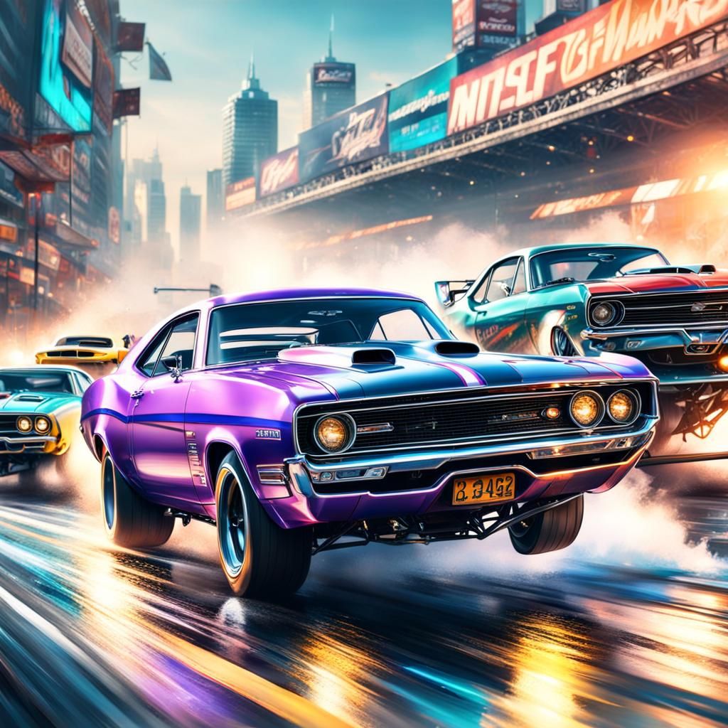 Muscle Cars Drag Racing in Fantasy World: Hyperrealistic Art