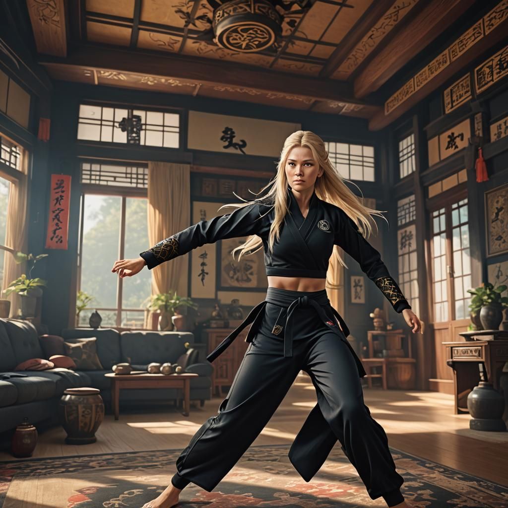 Woman Practicing Ninjutsu in Detailed Matte Painting Style