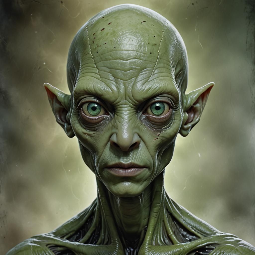 Hyperrealistic Portrait of a Young Green Alien Shapeshifter