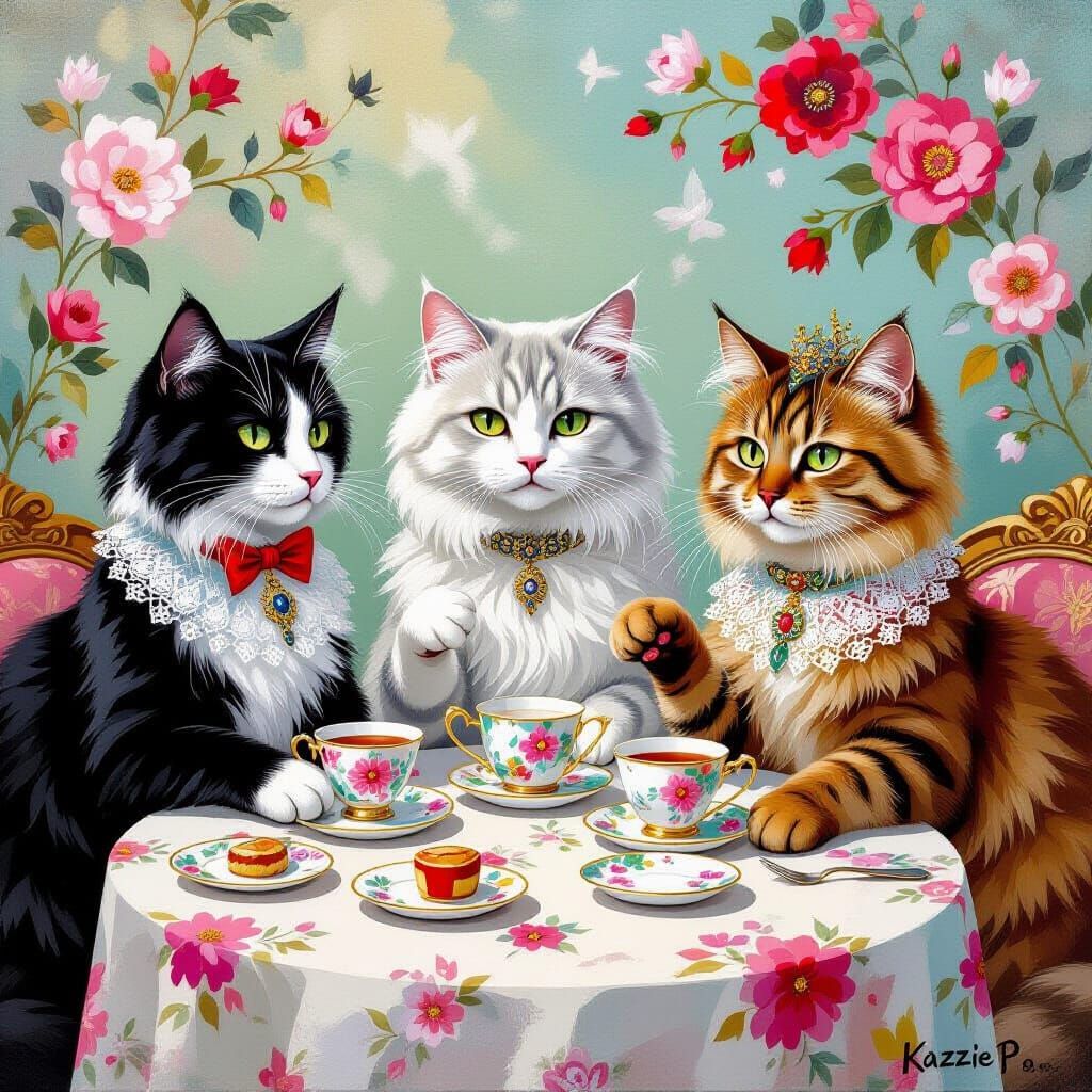 Elegant Cats Enjoying Afternoon Tea in Abstract Art