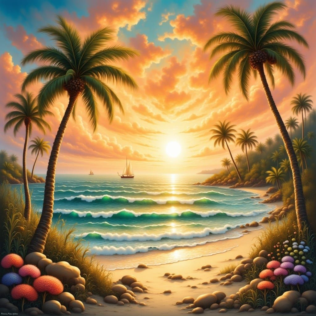 Warm Sunset on Sandy Beach, Impressionist Style