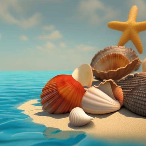 Colorful Beach Scene with Shells: 3D Digital Art