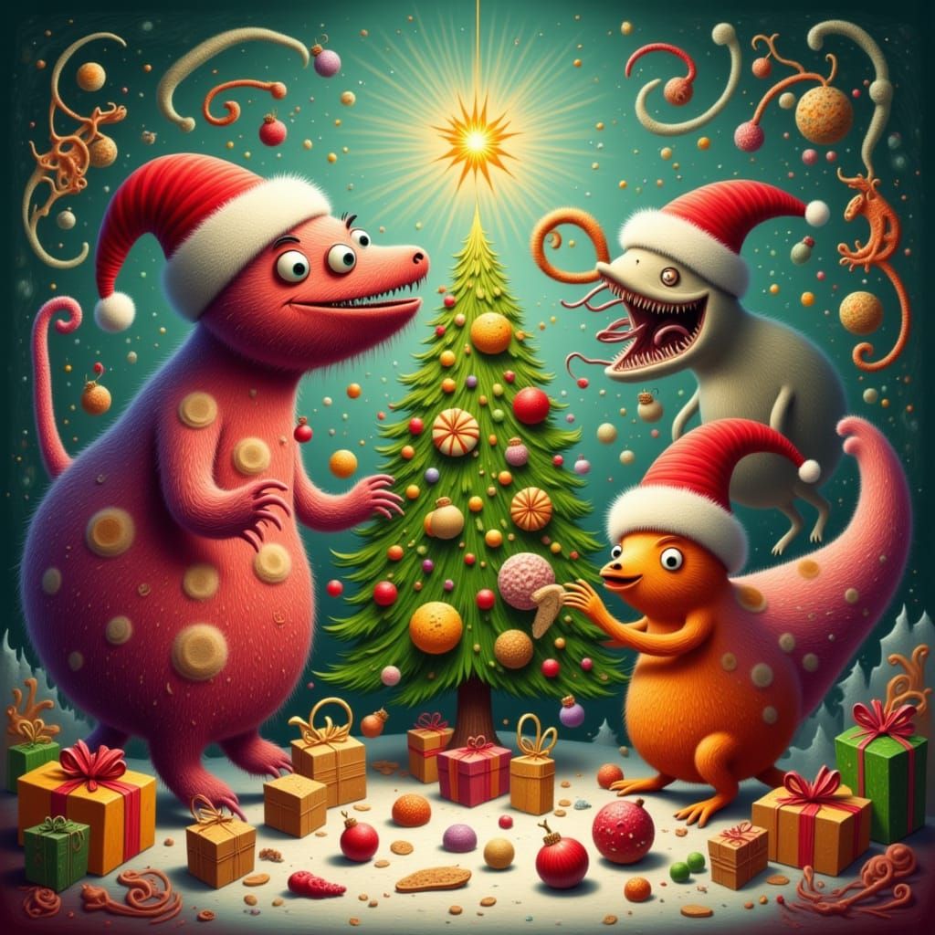 Whimsical Cartoon Monsters Celebrate Christmas