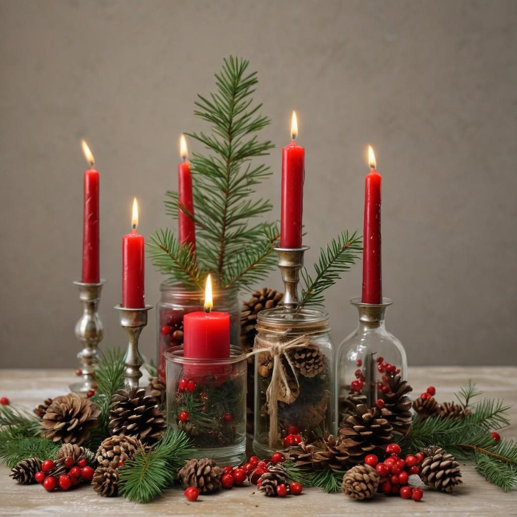 Christmas Still Life with Candles and Pine Cones
