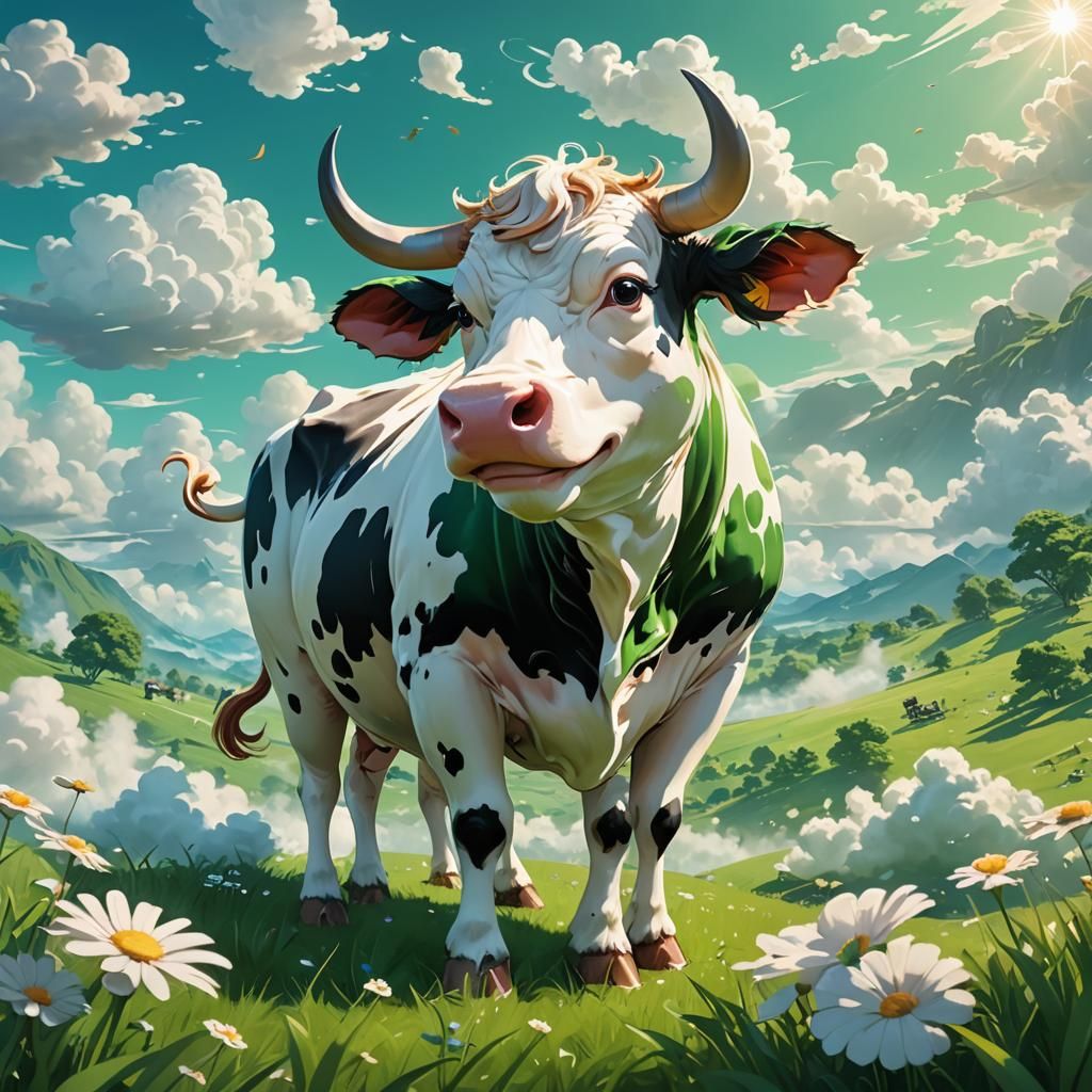 Anime Cow with Swirling Cloud in Meadow