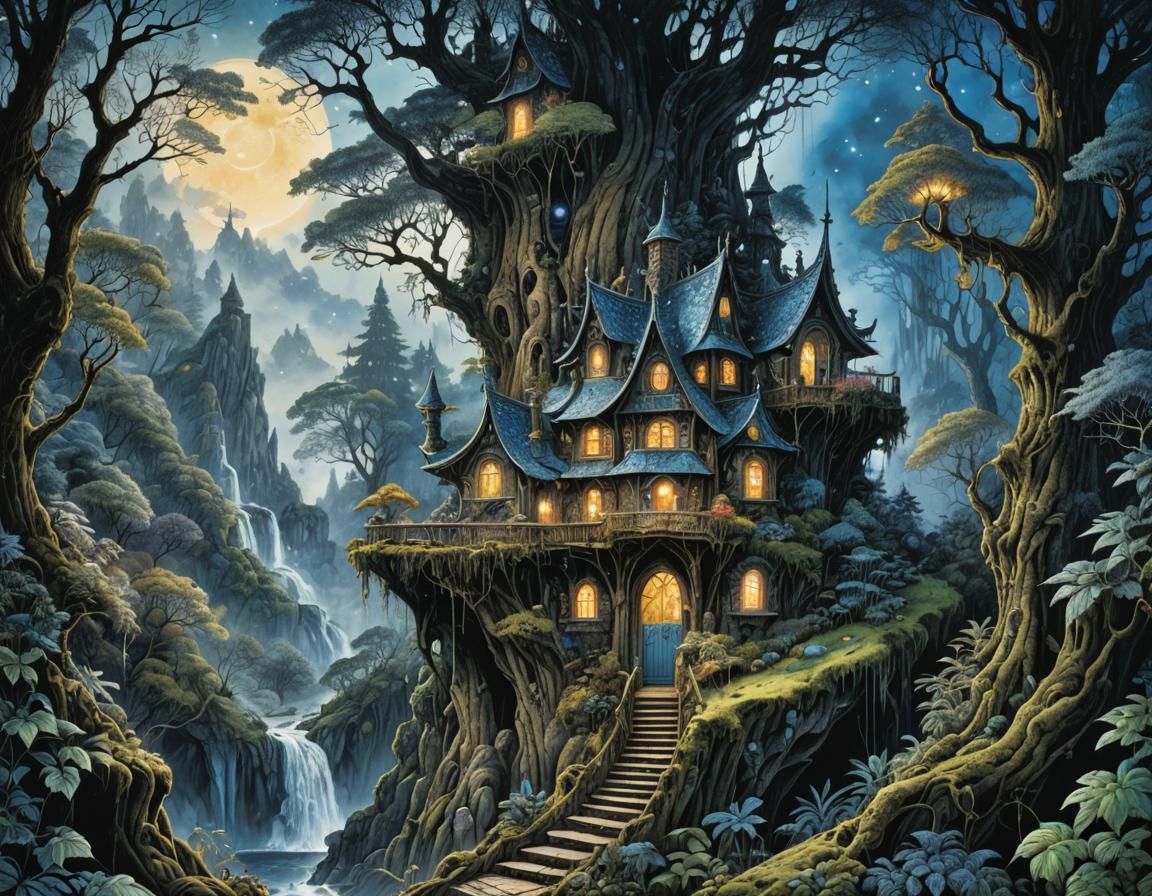 Fairy House in Eerie Woods with Cosmic Sky