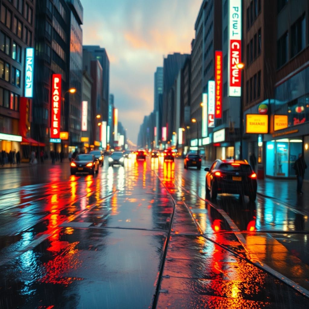 Ethereal Cityscape at Dusk, Neon and Rain Unite in a Symphon...