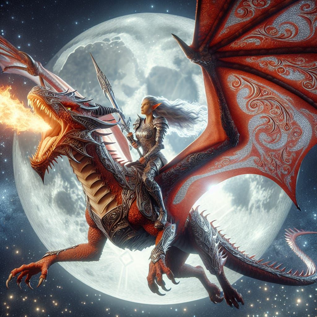 Epic Hyper-Realistic Warrior Dragon Scene in Moonlit Night