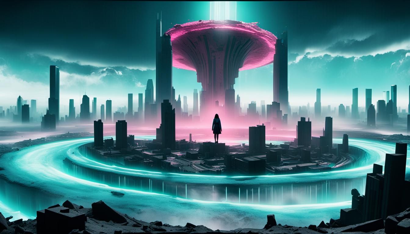 Giantess at the Edge of a Dystopian Wasteland in a Cinematic...