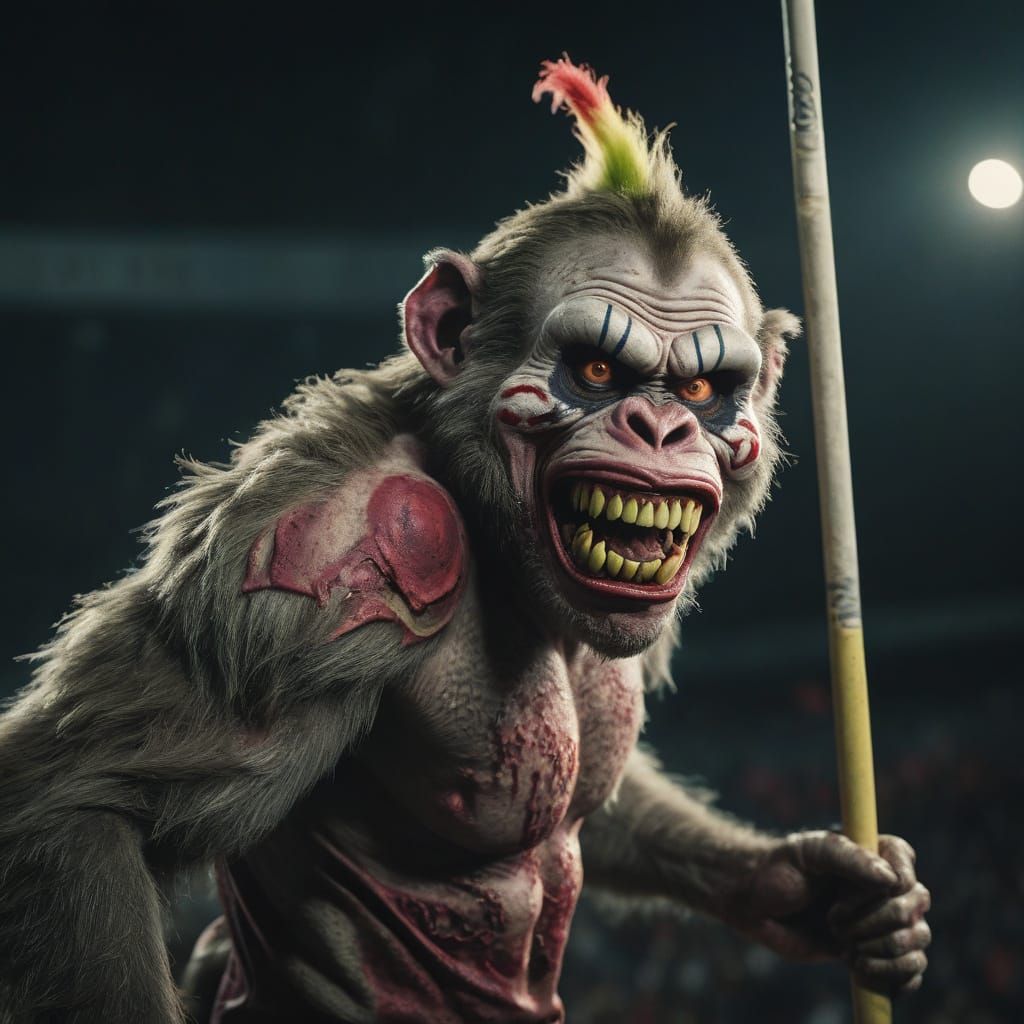 Zombie Monkey Clown Pole Vaulting in Cinematic Style