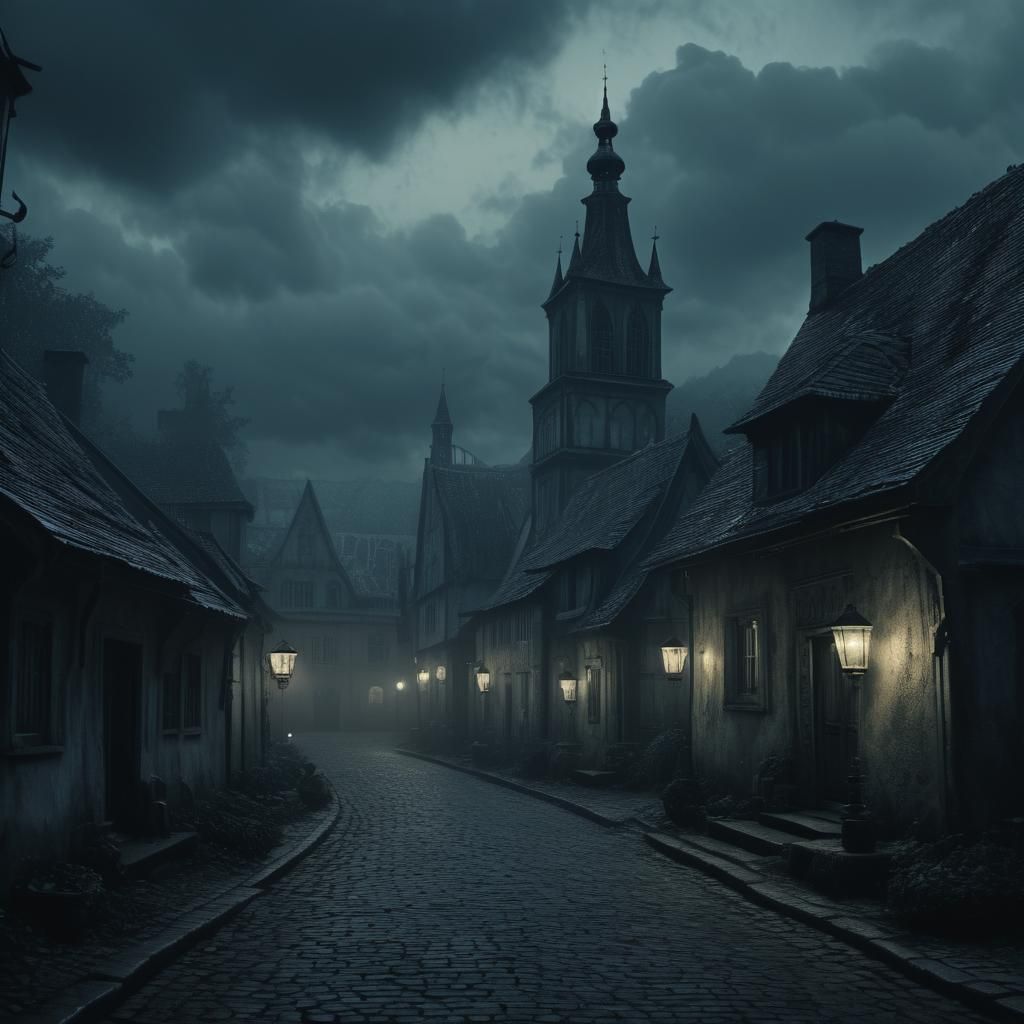 Eerie Gothic Village at Dusk: Cinematic Film Still